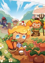  2girls 3boys blonde_hair blue_eyes carrot carrot_cookie character_request clouds commentary_request cookie_run cookie_run:_braverse cookie_run:_kingdom crown custard_cookie_iii farm gingerbrave gingerbread_man holding house korean_commentary multiple_boys multiple_girls official_art orange_hair outdoors pikett_iv pitchfork prince short_hair sky strawberry_cookie twintails 