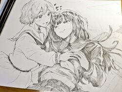  2girls art_tools_in_frame belt blush closed_mouth commentary_request couple enoki_sachi gasuri_govan graphite_(medium) greyscale hand_on_another&#039;s_head long_hair long_sleeves looking_at_another lying mechanical_pencil monochrome multiple_girls nagatani_megumi neckerchief okujou_no_yurirei-san on_back open_mouth pencil pleated_skirt sailor_collar shirt short_hair sidelocks skirt traditional_media yuri 