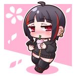  1girl absurdres ahoge black_choker black_footwear black_hair black_jacket black_thighhighs blush boots cellphone chibi choker closed_mouth colored_shadow commentary_request cup disposable_cup drinking_straw ear_piercing full_body highres holding holding_cup holding_phone hood hood_down hooded_jacket jacket long_sleeves looking_at_viewer multicolored_hair nail_polish nose_blush original phone piercing pink_background puffy_long_sleeves puffy_sleeves red_nails redhead saishosaisekojo shadow solo streaked_hair thigh-highs thighhighs_under_boots two-tone_background violet_eyes white_background 