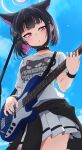  1girl animal_ears black_choker black_hair black_jacket blue_archive blue_sky cat_ears choker clothes_around_waist clouds colored_inner_hair commentary_request guitar hair_ornament hairpin halo highres holding holding_guitar holding_instrument instrument jacket jacket_around_waist kazusa_(band)_(blue_archive) kazusa_(blue_archive) looking_at_viewer menchi-men microphone multicolored_hair official_alternate_costume partial_commentary pink_eyes pink_hair pink_halo shirt short_hair skirt sky solo white_shirt white_skirt 