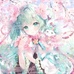  1girl aqua_eyes aqua_hair aqua_ribbon arm_ribbon bare_shoulders black_dress blue_sky branch bug butterfly cherry_blossoms chinese_commentary closed_mouth collar commentary_request day detached_collar detached_sleeves dress eyelashes flower flower_brooch flower_in_eye green_flower hair_flower hair_ornament hair_ribbon hatsune_miku heart high_collar highres holding holding_flower light_blush long_hair long_sleeves looking_at_viewer mioda_xi neck_ribbon outdoors pink_collar pink_flower pink_lips pink_rose rabbit rabbit_on_shoulder ribbon rose sample_watermark sky sleeveless sleeveless_dress smile solo sparkle symbol_in_eye too_many_watermarks twintails upper_body very_long_hair vest vocaloid watermark wavy_hair white_sleeves white_vest wide_sleeves yellow_flower 
