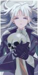  1girl bad_id bad_twitter_id bird_pin black_gloves black_ribbon bong_(0u0bon) border collared_jacket collared_shirt danganronpa:_trigger_happy_havoc danganronpa_(series) expressionless eyelashes gloves grey_background hair_ribbon hair_spread_out half-closed_eyes high_collar highres holding holding_skull jacket kirigiri_kyoko layered_sleeves long_hair long_sleeves lying necktie on_back open_clothes open_jacket orange_necktie parted_lips purple_jacket purple_sleeves ribbon shirt simple_background skull solo straight-on studded_gloves upper_body violet_eyes white_border white_hair white_shirt zipper zipper_pull_tab 