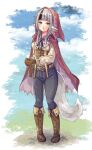  1girl animal_ears belt_pouch black_hair black_pants blue_ribbon boots breasts brown_corset brown_footwear brown_gloves cape collared_shirt corset cross-laced_footwear dress_shirt fire_emblem fire_emblem_fates fold-over_boots full_body fuussu_(21-kazin) gloves grey_hair grey_tail hood hood_up hooded_cape lace-up_boots long_hair long_sleeves medium_breasts multicolored_hair neck_ribbon open_mouth orange_eyes own_hands_together pants pouch ribbon shirt solo standing streaked_hair tail teeth two-tone_hair upper_teeth_only velouria_(fire_emblem) white_shirt wolf_ears wolf_girl wolf_tail 