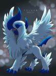  absol claws dated feathered_wings full_body hair_over_one_eye horns long_hair looking_at_viewer mega_absol mega_pokemon neohikaru no_humans pokemon pokemon_(creature) red_eyes solo translation_request white_fur white_hair white_wings wings 