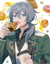  1boy black_shirt blue_eyes coffee_cup collarbone collared_shirt cup disposable_cup doughnut ensemble_stars! food food_on_face green_jacket grey_hair hair_between_eyes holding holding_cup jacket jewelry looking_at_viewer male_focus necklace open_mouth ponytail sakuraihum shiina_niki shirt solo star_(symbol) sugar_cube upper_body vest white_vest 