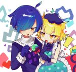  1boy 1girl absurdres black_gloves blonde_hair blue_hair brown_eyes candy food gloves hair_over_one_eye heart highres holding holding_candy holding_food holding_lollipop lollipop long_sleeves looking_at_another marle_(puyopuyo) offbeat open_mouth puyopuyo puyopuyo_tetris short_hair squares_(puyopuyo) 