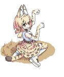  1girl :3 animal_ears animal_print belt blonde_hair blush_stickers boots bow bowtie brown_belt brown_bow brown_bowtie cat_ears cat_girl cat_tail closed_mouth from_behind full_body gloves hands_up kemono_friends looking_at_viewer looking_back paw_pose print_gloves print_skirt print_thighhighs raised_eyebrows serval_(kemono_friends) shimotsu. shirt short_hair simple_background sitting skirt sleeveless sleeveless_shirt solo tail thigh-highs wariza white_background white_footwear white_shirt yellow_eyes yellow_gloves yellow_skirt 