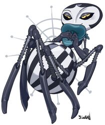  1girl arthropod_girl beret black_footwear black_gloves black_hair blue_hat boots colored_skin full_body furry furry_female gloves grey_skin hat holding holding_clothes holding_hat james_and_the_giant_peach miss_spider short_hair sido_(slipknot) signature smile solo spider_girl white_background yellow_eyes 