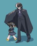  1boy 1girl :3 artist_name black_coat black_footwear black_hair black_jack_(character) black_jack_(series) black_pants black_vest blue_background blue_dress blue_ribbon bob_cut bow bright_pupils brown_eyes brown_hair brown_hat child closed_mouth coat coat_on_shoulders collared_shirt dress enugani05 film_grain flower_pot frilled_dress frills full_body hair_bow hair_over_one_eye hat hat_bow highres holding holding_flower_pot loafers long_sideburns mary_janes multicolored_hair multiple_hair_bows neck_ribbon pants patchwork_skin pinoko plant potted_plant puffy_short_sleeves puffy_sleeves ribbon sailor_collar sailor_dress scar scar_on_face shirt shoes short_hair short_sleeves sideburns simple_background split-color_hair sun_hat thick_eyebrows twitter_username two-tone_hair vest walking white_bow white_hair white_pupils white_ribbon white_sailor_collar white_shirt wing_collar yellow_footwear 