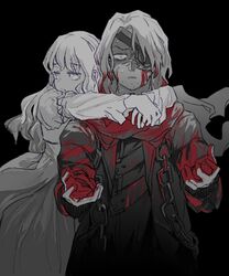  1boy 1girl belt blood blood_on_hands catherine_(project_moon) chain coat dress greyscale heathcliff_(project_moon) highres hug hug_from_behind juliet_sleeves limbus_company long_sleeves looking_at_viewer monochrome parted_lips project_moon puffy_sleeves sijo_nm simple_background spot_color upper_body wild_hunt_heathcliff_(project_moon) wuthering_heights_(identity)_(project_moon) 