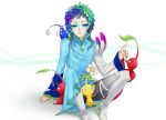  1other androgynous blue_hair blue_pikmin crossover facepaint facial_mark feathers forehead_mark gnosia green_hair headphones highres long_hair long_sleeves other_focus pikmin_(creature) pikmin_(series) pikmin_1 raqio red_pikmin sitting solo upper_body yellow_pikmin yuyht1758 
