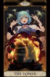  1girl annyui_(cookie) beji-kun blue_bow blue_eyes blue_hair blush bow bowtie breasts cirno collared_shirt commentary_request cookie_(touhou) double_v explosion fire hair_bow highres niconico niconico_headquarters_(harajuku) open_mouth puffy_short_sleeves puffy_sleeves red_bow red_bowtie shirt short_hair short_sleeves small_breasts solo spread_legs tarot tarot_(medium) the_tower_(tarot) touhou upper_body v white_shirt 