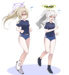  &gt;_&lt; 2girls absurdres alternate_costume blonde_hair blue_archive blush buruma closed_eyes commentary_request flying_sweatdrops glasses grey_hair gym_uniform hair_ornament halo hare_(blue_archive) highres kotama_(blue_archive) long_hair multiple_girls nikul_(nitime875) open_mouth ponytail running shoes short_sleeves simple_background wavy_mouth white_background 