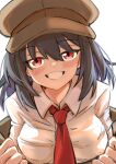  1girl absurdres black_hair blush breasts brown_hat brown_jacket collared_shirt commentary_request flat_cap grin hat head_tilt highres jacket leaning_forward long_sleeves looking_at_viewer medium_breasts medium_hair necktie open_clothes open_jacket red_eyes red_necktie seductive_smile shameimaru_aya shameimaru_aya_(newsboy) shirt simple_background smile smirk solo suit_jacket touhou undressing upper_body white_background white_shirt yuuka_(a0240765) 
