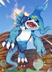  arm_up blue_skin blue_sky claws clenched_hand colored_skin digimon digimon_(creature) full_body highres incoming_attack incoming_punch looking_at_viewer no_humans numemon open_mouth outdoors oyomotin punching red_eyes sharp_teeth sky solo tail teeth v-mon white_skin 