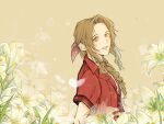  1girl aerith_gainsborough braid braided_ponytail brown_background brown_hair chocokhrs falling_feathers feathers final_fantasy final_fantasy_vii final_fantasy_vii_rebirth final_fantasy_vii_remake flower green_eyes hair_ribbon highres jacket lily_(flower) long_hair parted_bangs parted_lips pink_ribbon red_jacket ribbon short_sleeves sidelocks single_braid solo upper_body 