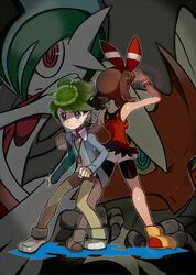  1boy 1girl arm_up back-to-back bare_shoulders bike_shorts bike_shorts_under_shorts blaziken blush bow bow_hairband breasts brown_hair brown_pants clenched_hands closed_mouth collared_shirt commentary_request gallade green_hair grey_eyes grey_jacket hairband jacket long_sleeves mari_mokomo may_(pokemon) medium_breasts medium_hair mega_blaziken mega_gallade pants pokemon pokemon_(creature) pokemon_oras red_bow red_hairband red_shirt shirt shoes short_hair shorts sleeveless sleeveless_shirt sweatdrop wally_(pokemon) white_shirt white_shorts yellow_footwear 