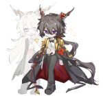  2boys arknights black_bow black_bowtie black_cape black_footwear black_hair black_pants bow bowtie cape collared_shirt deformed ebenholz_(arknights) hair_between_eyes hair_bow highres horns jiekuijiangshadaonijiamenkou kreide_(arknights) long_hair long_sleeves male_focus multiple_boys open_mouth pants ponytail red_bow shirt short_hair simple_background sketch smile sparkle two-sided_cape two-sided_fabric violet_eyes white_background white_shirt 