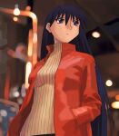  1girl azuma_kiyohiko azumanga_daioh bad_id black_hair blue_eyes blurry blurry_background breasts brown_sweater casual closed_mouth commentary expressionless from_below hand_in_pocket indoors jacket long_hair long_sleeves looking_afar looking_to_the_side medium_breasts official_art open_clothes open_jacket red_jacket ribbed_sweater sakaki_(azumanga_daioh) solo standing sweater turtleneck turtleneck_sweater upper_body very_long_hair 