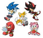  1girl 4boys ;d amy_rose animal_ears boots crossed_arms english_commentary fox_boy gloves green_eyes hand_on_own_knee hedgehog_ears jens_drawings knuckles_the_echidna multiple_boys one_eye_closed open_mouth red_eyes red_footwear shadow_the_hedgehog shoes smile sonic_(series) sonic_the_hedgehog tail tails_(sonic) v violet_eyes waving white_background white_gloves 