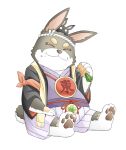  1boy :3 alternate_species animal_ears black_jacket carrot closed_eyes closed_mouth commentary_request eating food food_on_face full_body furry furry_male happi heath_(alicebeatj9) highres jacket japanese_clothes kimono long_sleeves mahjong_soul male_focus pawpads purple_kimono rabbit_boy rabbit_ears rabbit_tail simple_background sitting smile solo tail thick_eyebrows wanjirou white_background 
