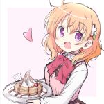  1girl :d blonde_hair bow bowtie collared_shirt gochuumon_wa_usagi_desu_ka? hair_between_eyes hair_ornament heart highres holding holding_plate hoto_cocoa long_hair long_sleeves looking_at_viewer na!_(na&#039;mr) open_mouth pink_vest plate rabbit_house_uniform red_bow red_bowtie shirt sketch smile solo upper_body vest violet_eyes white_shirt wing_collar 
