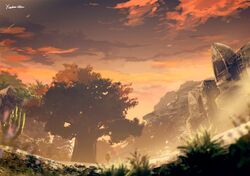  blue_sky building cactus clouds cloudy_sky evening final_fantasy final_fantasy_xiv from_below grass no_humans orange_sky plant rock scenery sky tree yabuka_shiwa 