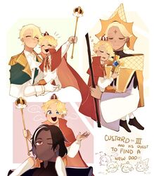  4boys black_hair blonde_hair blue_eyes carrying child clotted_cream_cookie commentary cookie_run crown custard_cookie_iii dark-skinned_male dark_choco_cookie dark_skin english_commentary happy holding holding_scepter humanization kisekiii_25 male_focus multiple_boys on_shoulder pure_vanilla_cookie scepter sleeping smile 