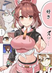  ! 3girls absurdres agnes_tachyon_(umamusume) ahoge animal_ears blush breasts brown_hair commentary_request dantsu_flame_(umamusume) hair_ornament highres horse_girl horse_tail jungle_pocket_(umamusume) large_breasts looking_at_viewer medium_hair multiple_girls pointing pointing_at_viewer smile tail taki_rentaro translation_request umamusume 