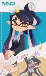  2girls :d ^_^ arm_up black_hair black_jacket bow bow-shaped_hair bowtie callie_(splatoon) closed_eyes closed_mouth collared_shirt commentary_request earrings grey_hair highres inkling jacket jewelry long_hair long_sleeves looking_at_another marie_(splatoon) mole mole_under_eye multicolored_hair multiple_girls multiple_views official_alternate_costume orange_pupils own_hands_together pink_hair pointy_ears purple_shirt see-through_bowtie shirt short_hair smile splatoon_(series) splatoon_3 star-shaped_pupils star_(symbol) swept_bangs symbol-shaped_pupils tentacle_hair thick_eyebrows twintails two-tone_hair ukata upper_body white_bow white_bowtie yellow_eyes 