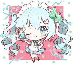  1girl aobahosino apron aqua_eyes aqua_hair blue_dress blush bow bowtie cherry cherry_earrings chibi dress drink earrings food food-themed_earrings frilled_apron frilled_dress frills fruit green_bow green_bowtie hair_between_eyes hair_bow hair_ornament hairpin hatsune_miku heart heart_hair_ornament holding holding_plate jewelry long_hair looking_at_viewer maid_headdress one_eye_closed plaid_clothes plaid_dress plate puffy_short_sleeves puffy_sleeves short_sleeves smile solo twintails vocaloid waist_apron white_apron 