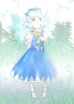  1girl absurdres blue_bow blue_eyes blue_hair blue_skirt blue_vest bow cirno closed_mouth collared_shirt commentary_request day diao_ye_zong dissolving expressionless eyelashes flower fog frilled_skirt frilled_sleeves frills full_body grass hair_bow highres holding holding_flower ice ice_wings kanonari light_particles long_skirt marigold necktie outdoors petals puffy_short_sleeves puffy_sleeves red_necktie shirt short_hair short_ponytail short_sleeves skirt skirt_set sky socks solo standing straight-on touhou tree vest waist_bow white_bow white_shirt white_sky white_socks wings yellow_flower 