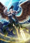  1girl angel angel_wings armor armored_boots avacyn bident black_gloves black_lips blonde_hair bodice boots breasts choker cityscape clouds cloudy_sky dress feathered_wings flying full_body gloves glowing glowing_weapon green_dress holding holding_polearm holding_weapon light_particles long_hair looking_at_viewer magic magic:_the_gathering medium_breasts moon nakazawa_dousan night night_sky polearm shoulder_armor sky smile solo star_(sky) starry_sky weapon white_eyes wings 