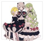  3girls ao_(ao0_0nemu) bad_id bad_twitter_id black_dress blonde_hair bow braid center_frills closed_eyes closed_mouth commentary_request crown_braid dress facing_viewer falulu falulu_(awakened) floral_print flower frilled_dress frills green_eyes green_hair grey_hair hair_bow highres long_hair long_sleeves looking_at_viewer midorikaze_fuwari multiple_girls pantyhose pretty_series pripara profile puffy_long_sleeves puffy_sleeves red_flower red_rose rose shikyoin_hibiki shirt short_hair simple_background smile standing white_background white_bow white_pantyhose white_shirt 