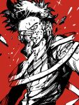  1boy boku_no_hero_academia broken_mask clenched_teeth engawaji looking_at_viewer male_focus mask monochrome red_background scarf shinsou_hitoshi solo spiky_hair teeth 