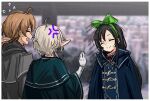  1boy 2girls ahoge anger_vein arm_behind_head black_hair blue_robe blurry blurry_background blush brown_hair closed_eyes closed_mouth elf flying_sweatdrops from_behind gift_wrapping gloves green_ribbon green_robe grey_hair grey_robe hair_ribbon hand_up highres long_hair looking_at_another maohanabi multiple_girls mushoku_tensei nanahoshi_shizuka open_mouth pointy_ears ribbon robe rudeus_greyrat short_hair smile sylphiette_(mushoku_tensei) upper_body white_gloves 