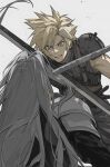  2boys aqua_eyes armor battle belt black_coat black_gloves blonde_hair brown_belt buster_sword clenched_teeth cloud_strife coat crossed_swords final_fantasy final_fantasy_vii final_fantasy_vii_rebirth final_fantasy_vii_remake furrowed_brow gloves grey_background grey_hair highres holding holding_sword holding_weapon long_hair looking_at_another male_focus masamune_(ff7) multiple_boys sephiroth short_hair shoulder_armor sleeveless sleeveless_turtleneck spiky_hair suspenders sword teeth turtleneck upper_body weapon yanfenguo_gao 