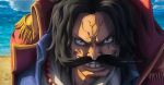  1boy 2021 artist_name bead_necklace beads black_hair clenched_teeth clouds cloudy_sky commentary dragon--anime english_commentary epaulettes facial_hair gol_d._roger grin highres jewelry looking_at_viewer male_focus mustache necklace one_piece outdoors short_hair sky smile solo teeth 