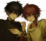  2boys :o androgynous artist_name black_hair black_sweater braid collarbone cuffs drek2xme earrings fang grey_eyes handcuffs jewelry long_sleeves looking_at_viewer looking_to_the_side maeno_aki male_focus multiple_boys open_mouth redhead shared_handcuffs shirt short_hair simple_background skin_fang sweater tsugino_haru turtleneck turtleneck_sweater white_background white_shirt zeno_(game) 