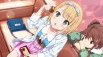  22/7 22/7_ongaku_no_jikan 2girls blonde_hair blue_bag blue_hairband blue_jacket blue_ribbon blue_shirt blush_stickers brown_eyes brown_hair brown_scrunchie chocolate closed_mouth couch food from_above game_cg green_eyes green_jacket hair_ribbon hairband highres holding holding_chocolate holding_food jacket lens_flare long_sleeves looking_at_another looking_at_object multiple_girls non-web_source official_art on_couch open_mouth pink_skirt rabbit ribbon saito_nicole scrunchie shirt short_hair side_ponytail sitting skirt sparkle toda_jun upper_body 