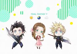  1girl 2boys aerith_gainsborough armor baggy_pants bangle belt black_footwear black_hair blonde_hair blue_eyes blue_pants blue_shirt boots bracelet braid braided_ponytail brown_belt brown_footwear brown_hair buster_sword chibi choker closed_mouth cloud_strife clouds cropped_jacket dress earrings earth_(planet) emoji final_fantasy final_fantasy_vii final_fantasy_vii_rebirth final_fantasy_vii_remake flower full_body gloves green_eyes grin hair_ribbon hair_slicked_back highres holding holding_flower holding_sword holding_weapon jacket jewelry lily_(flower) long_dress long_hair materia mkonoshiro1 multiple_boys over_shoulder pants parted_bangs pink_dress pink_ribbon planet red_jacket ribbon scar scar_on_cheek scar_on_face shirt short_hair short_sleeves shoulder_armor sideburns sidelocks single_bare_shoulder single_braid single_earring single_shoulder_pad sleeveless sleeveless_turtleneck smile spiky_hair sun suspenders sword teeth turtleneck weapon weapon_over_shoulder white_background yellow_flower zack_fair 