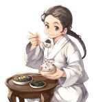  1girl :i bowl braid braided_ponytail chopsticks coffee_table comet_(teamon) crumbs eating grey_eyes hand_up holding holding_bowl holding_spoon indian_style japanese_clothes kimono long_hair looking_at_viewer original parted_hair raised_eyebrow rice simple_background sitting spoon table white_background white_kimono 