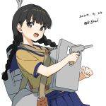  1girl absurdres bigkwl black_hair blue_sailor_collar blue_skirt braid brown_eyes brown_shirt dated gun highres kantai_collection landing_gear landing_ship_no._101_(kancolle) long_hair looking_at_viewer low_twintails machinery mast one-hour_drawing_challenge open_mouth sailor_collar school_uniform serafuku shirt simple_background skirt smokestack solo twin_braids twintails twitter_username weapon white_background 