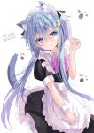  1girl absurdres alternate_costume animal_ears apron artist_logo black_dress blue_eyes blue_hair cat_ears cat_tail dress enmaided frilled_apron frills highres hizaka kantai_collection maid maid_headdress one-hour_drawing_challenge paw_print short_hair_with_long_locks solo tail white_apron white_background wrist_cuffs yayoi_(kancolle) 