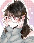  1girl 7_(milu577610) animification black_hair blush character_name chinese_commentary glasses grey_sweater hands_on_eyewear heart highres k-pop korean_text long_sleeves looking_ahead momo_(twice) off_shoulder pink_eyes pink_nails portrait real_life solo sweater twice_(group) 