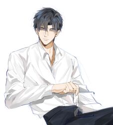  1boy black_pants expressionless green_eyes highres holding holding_removed_eyewear joikzo long_sleeves love_and_deepspace male_focus pants shirt sitting solo unworn_eyewear white_background white_shirt zayne_(love_and_deepspace) 