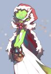  basket bob_cut cape chikichi colored_skin dress fur-trimmed_cape fur_trim gardevoir green_hair hair_over_one_eye holding holding_basket hood hooded_cape looking_at_viewer multicolored_skin pink_eyes pokemon pokemon_(creature) simple_background smile two-tone_skin white_dress white_skin 