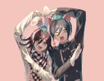  2boys ahoge animal_ear_hairband animal_ears arm_belt arm_up belt black_hair black_jacket black_scarf black_sleeves blue_flower blue_hairband buttons cat_ear_hairband cat_ears chain checkered_clothes checkered_scarf collared_jacket commentary crest danganronpa_(series) danganronpa_v3:_killing_harmony double-breasted eyelashes fake_animal_ears fingernails floppy_ears flower fluffy hair_flower hair_ornament hairband heart high_collar highres jacket layered_sleeves lemontea long_sleeves male_focus multicolored_buttons multiple_belts multiple_boys oma_kokichi open_mouth palms pink_background pinstripe_jacket pinstripe_pattern pocket purple_hair rabbit_ear_hairband rabbit_ears saihara_shuichi scarf short_hair signature simple_background symbol-only_commentary teeth two-tone_scarf upper_body v vertical-striped_sleeves violet_eyes white_belt white_hairband white_jacket white_scarf yellow_eyes 