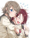  2girls absurdres blue_eyes blush bow bowtie closed_eyes closed_mouth commentary_request furrowed_brow grey_hair grey_sailor_collar hand_on_another&#039;s_head heart highres hug hug_from_behind long_hair long_sleeves love_live! love_live!_sunshine!! multiple_girls musical_note one_eye_closed open_mouth red_bow red_bowtie redhead sailor_collar sakurauchi_riko school_uniform shirt short_hair sidelocks sleeve_cuffs upper_body uranohoshi_school_uniform v-shaped_eyebrows watanabe_you white_background white_shirt winter_uniform yuchi_(salmon-1000) yuri 