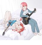  2girls bare_legs barefoot bedroom blue_pants blue_shirt bocchi_the_rock! closed_eyes commentary_request electric_guitar food-themed_hair_ornament full_body gotoh_hitori guitar hair_ornament highres holding holding_guitar holding_instrument holding_plectrum indoors instrument kita_ikuyo korean_commentary long_hair long_sleeves lying multiple_girls music on_back on_bed open_mouth pajamas pants pink_hair playing_guitar plectrum redhead shirt singing sitting smile strawberry_hair_ornament white_shirt zhr100 